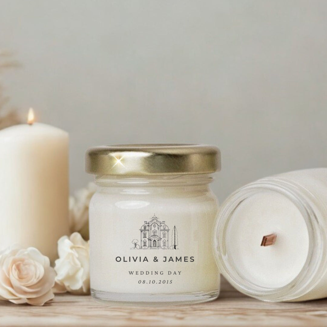 Personalised Wedding Candle Favours – 40ml Mini Soy Candles with Clear Label Church Design