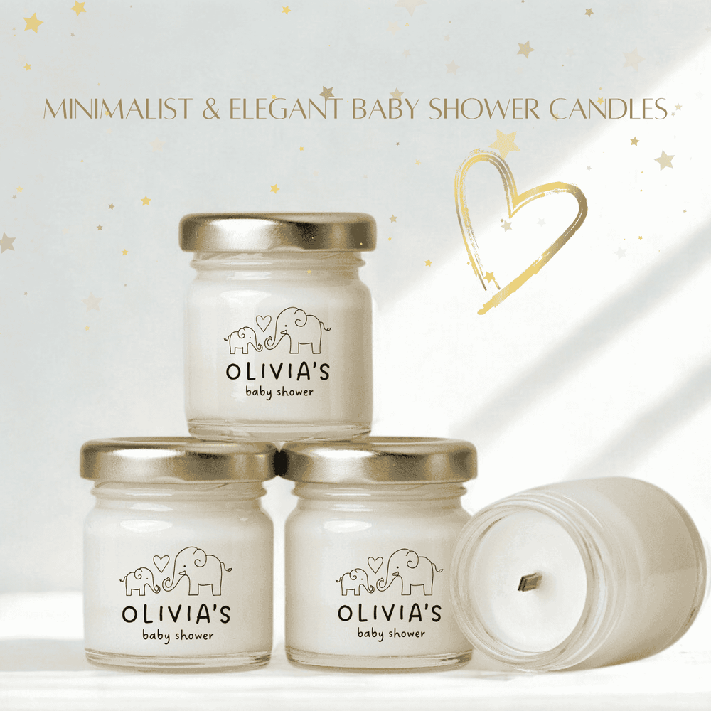 Set of personalized baby shower candles with 'Olivia's baby shower' text on a light background.