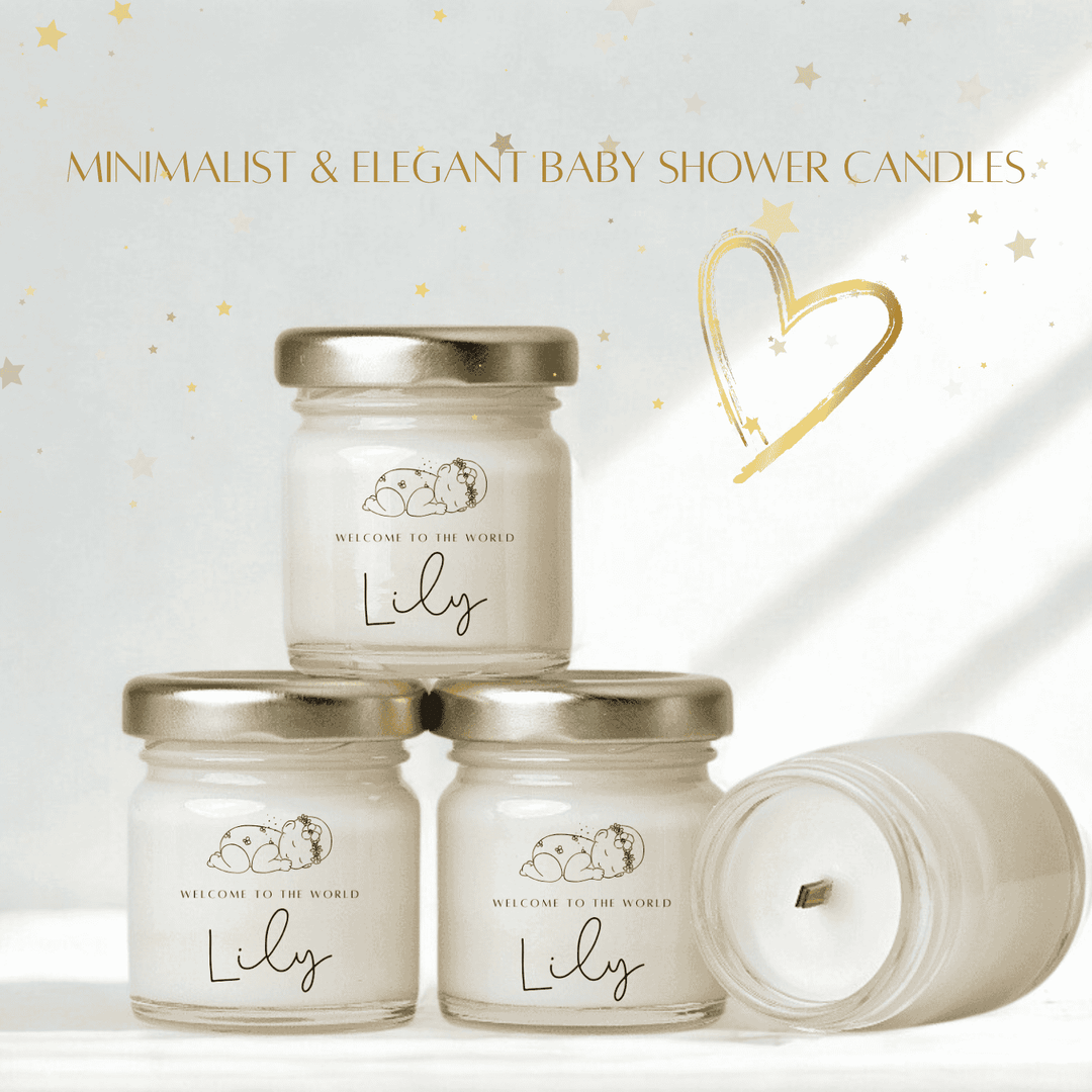 Set of baby shower candles with 'Lily' branding on a light background