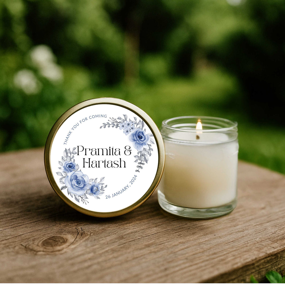 Blue Bloom Circle personalised wedding favour candle – 40ml soy candle with blue floral lid label and thank you message, handmade by KIKO Art
