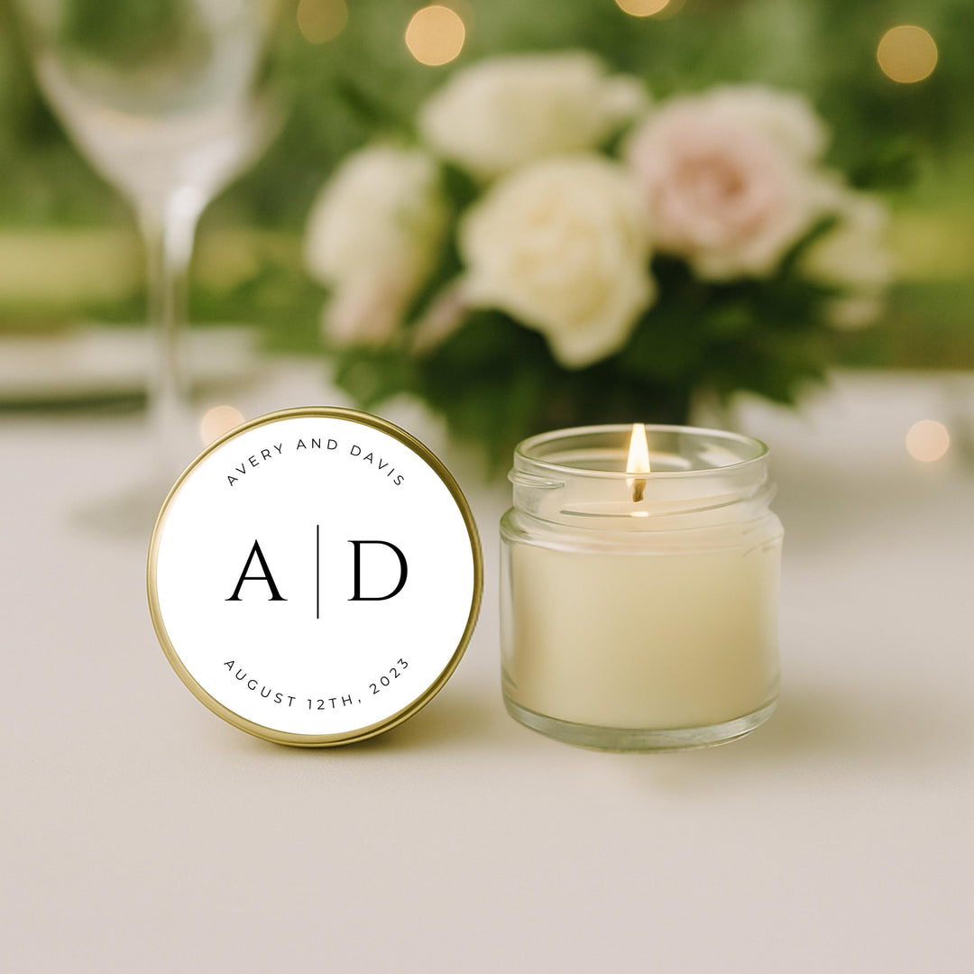 Classic Initials personalised wedding favour candle – 40ml soy candle with clean monogram lid design and wedding date, handmade by KIKO Art