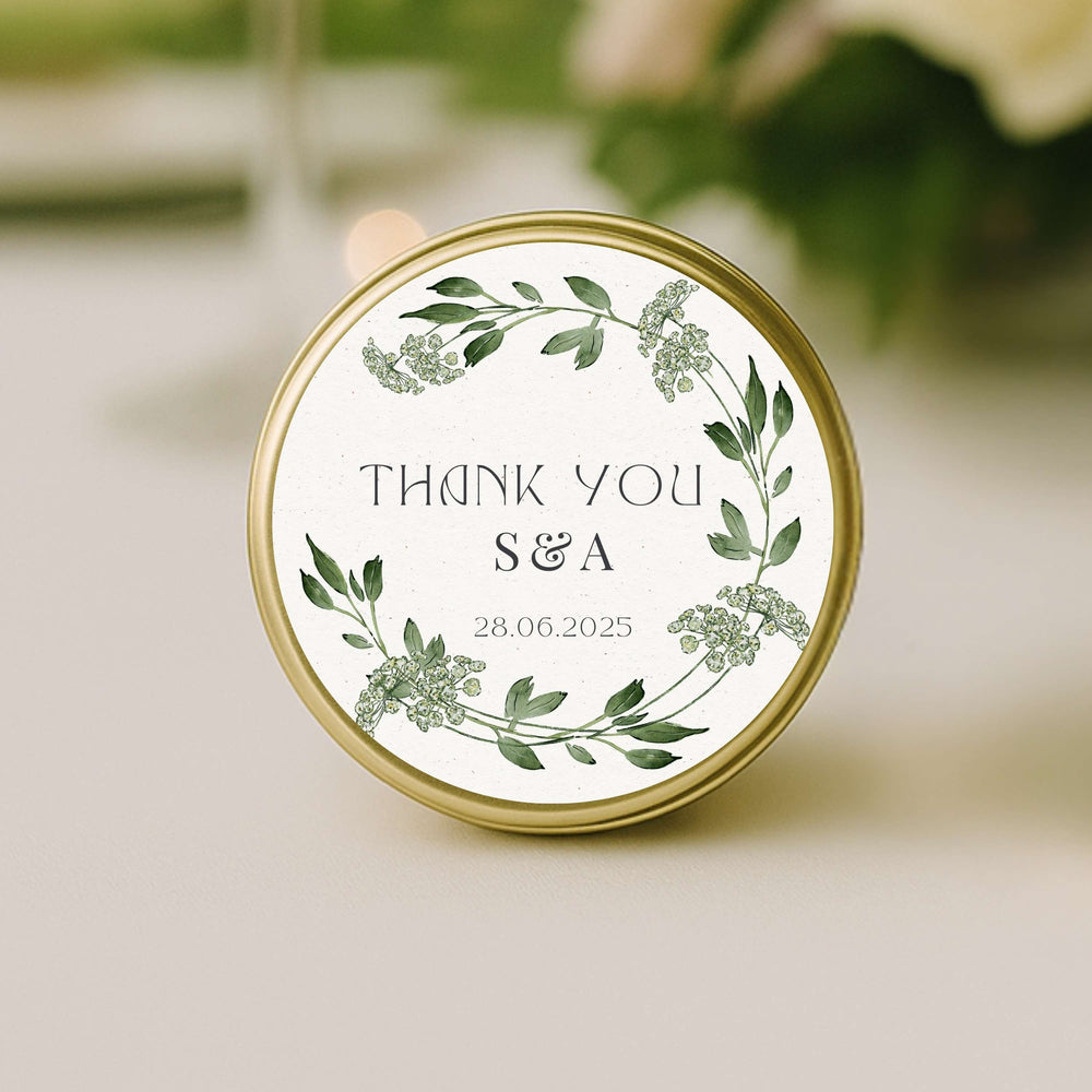 Close up Green Meadow Wreath personalised wedding favour candle