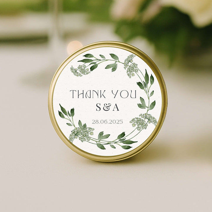 Close up Green Meadow Wreath personalised wedding favour candle