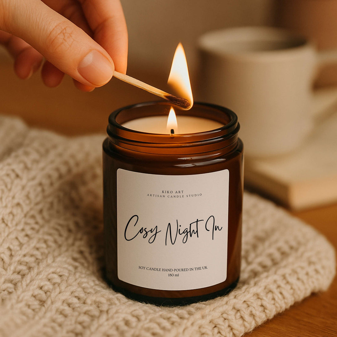 Cosy Night In  scented candle, hand-poured in UK in 180ml amber jar | Kiko Art