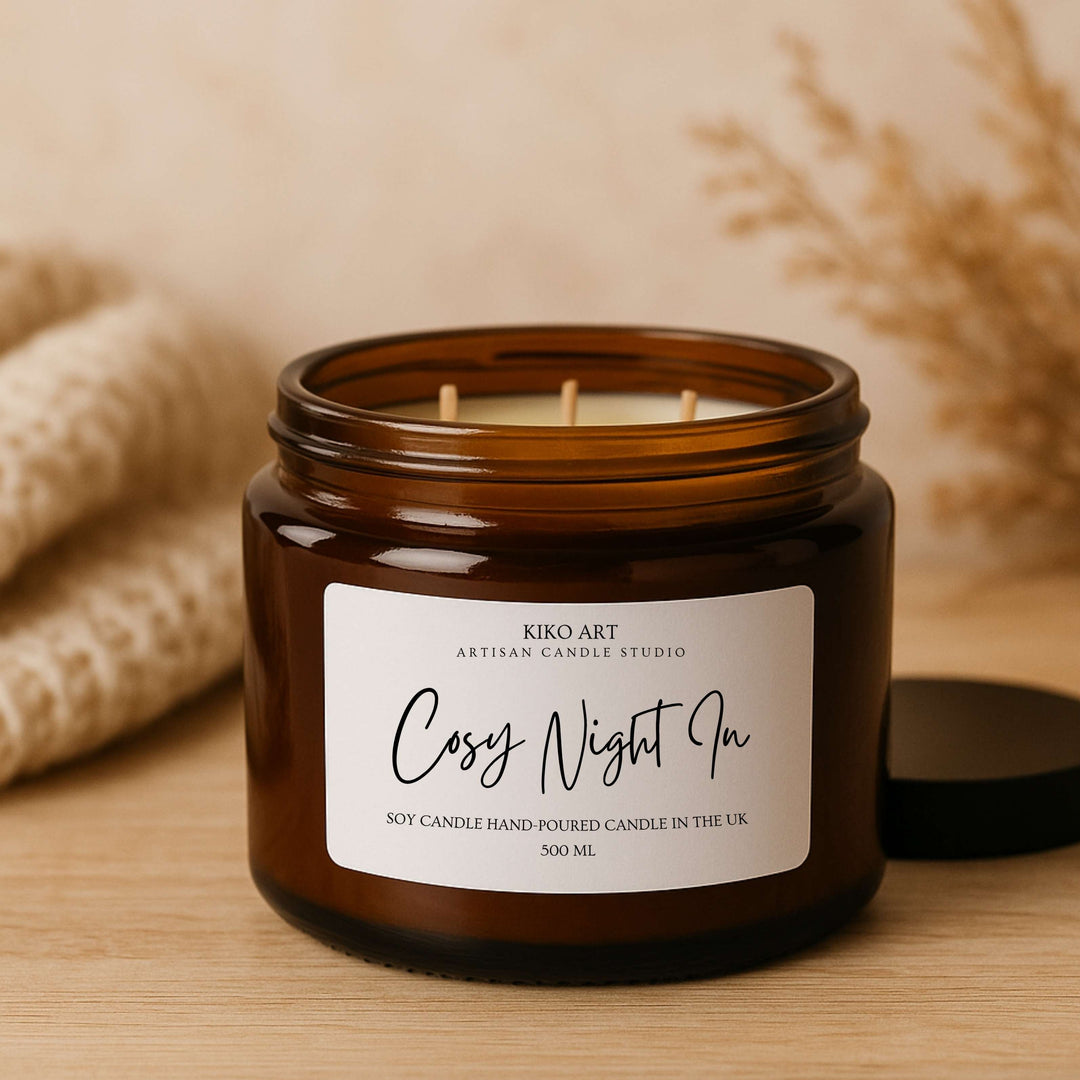Cosy Night In 3 wicks scented candle, hand-poured in UK in 500ml amber jar | Kiko Art