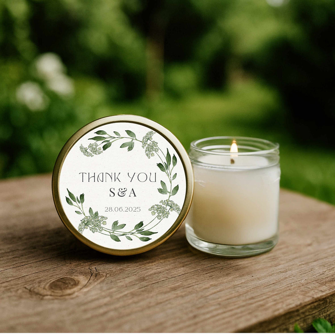 Green Meadow Wreath personalised wedding favour candle – 40ml soy with green botanical ring and thank you label, handmade by KIKO Art