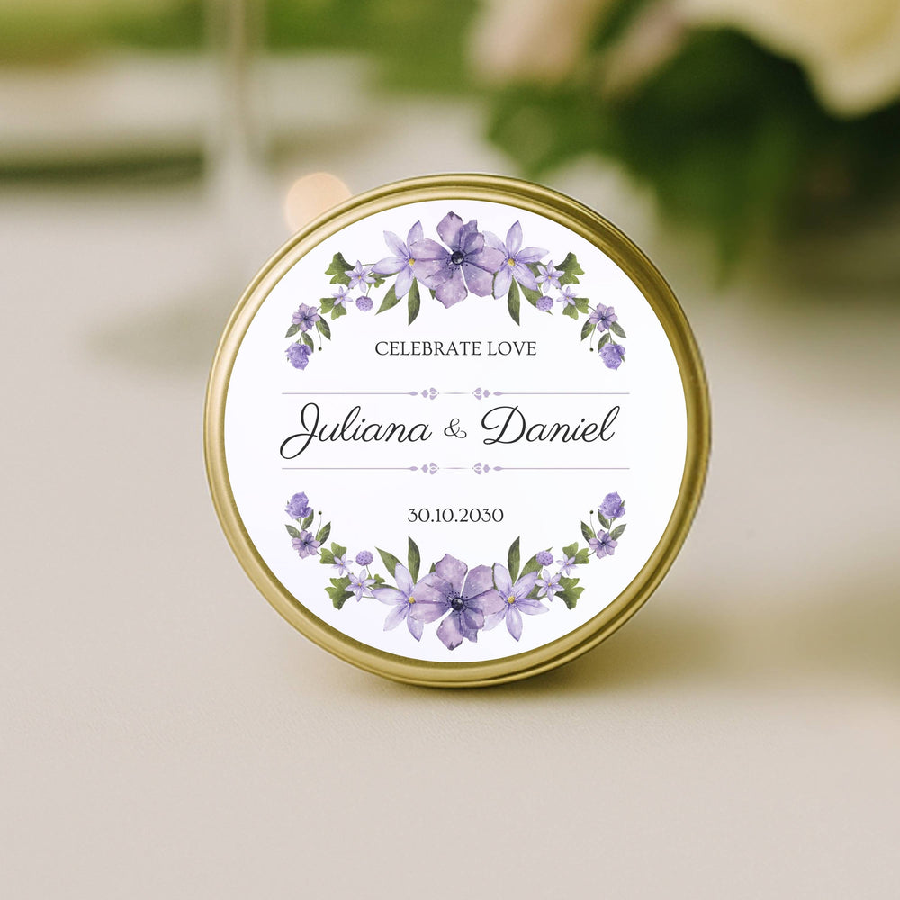 Lavender Love Wreath personalised wedding candle – 40ml soy with violet floral lid label, names and date, handmade by KIKO Art