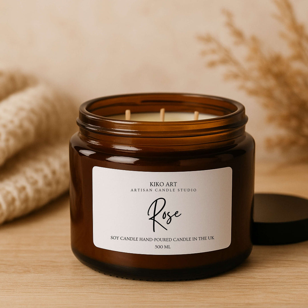 Rose fragrance 3 wicks scented candle, hand-poured in UK in 500ml amber jar | Kiko Art