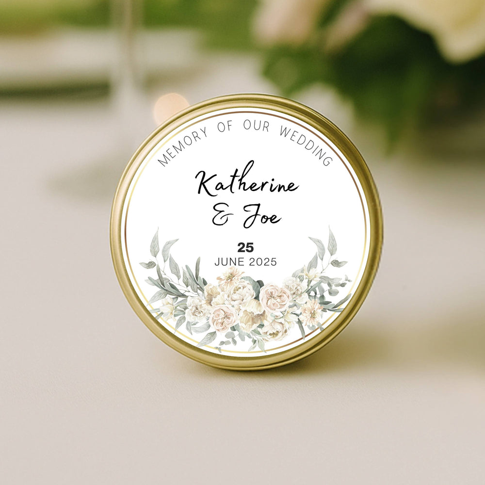 close up of Ivory Rose personalised wedding favour candle