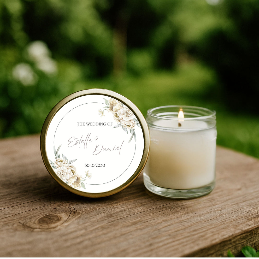 Vintage Bloom personalised wedding favour candle with cream peonies and greenery – 40ml soy candle with custom lid label by KIKO Art