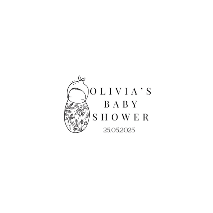 Invitation card for Olivia's baby shower with a baby silhouette and floral elements on a white background.