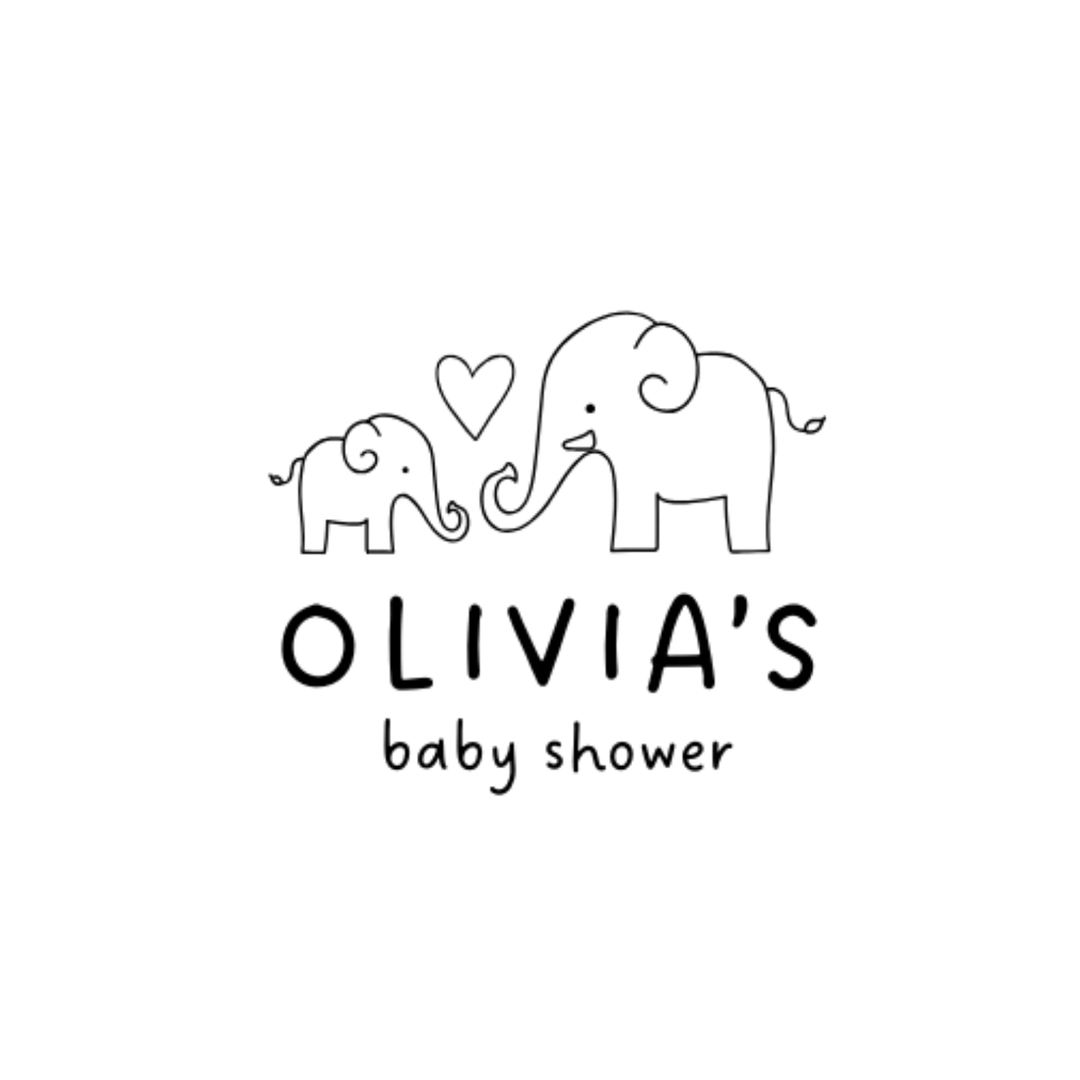 Black and white illustration of two elephants with a heart and 'Olivia's baby shower' text on a white background