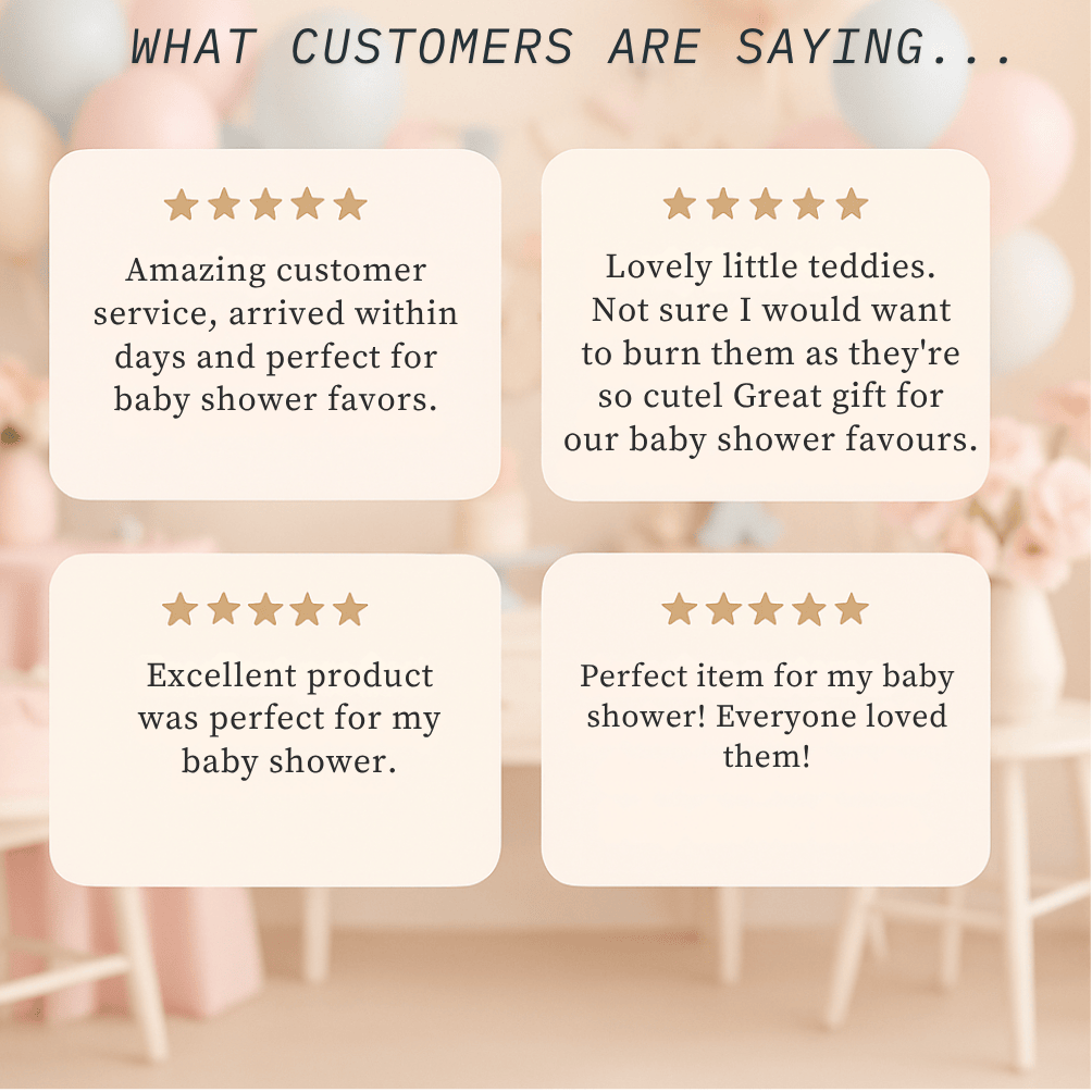 Reviews of baby shower favors with five-star ratings.