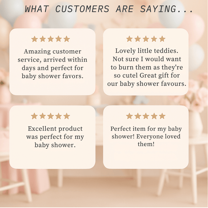 Reviews of baby shower favors with five-star ratings.
