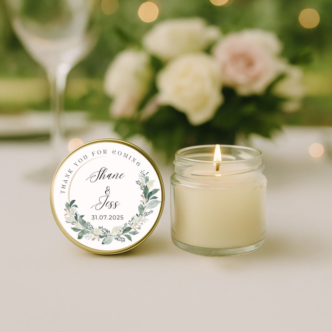 Botanical Wreath personalised wedding favour candle with custom lid label – 40ml soy handmade by Kiko Art