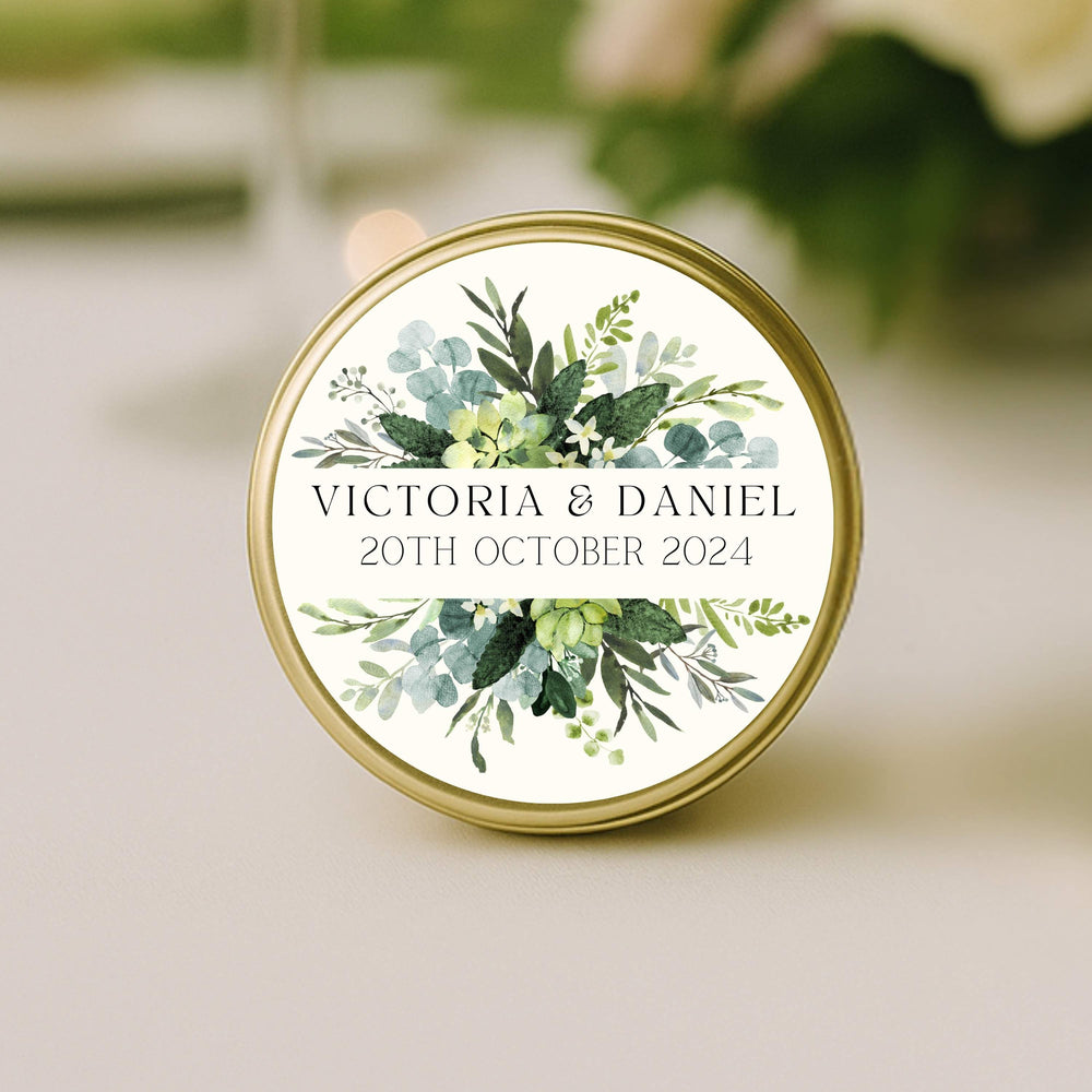close up Eucalyptus Garden personalised wedding candle