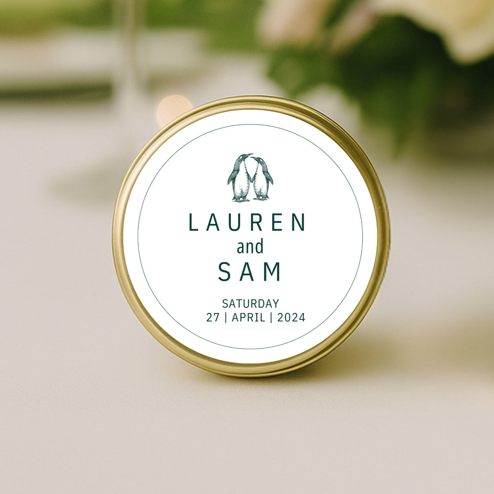 close up Penguin Pair personalised wedding favour candle