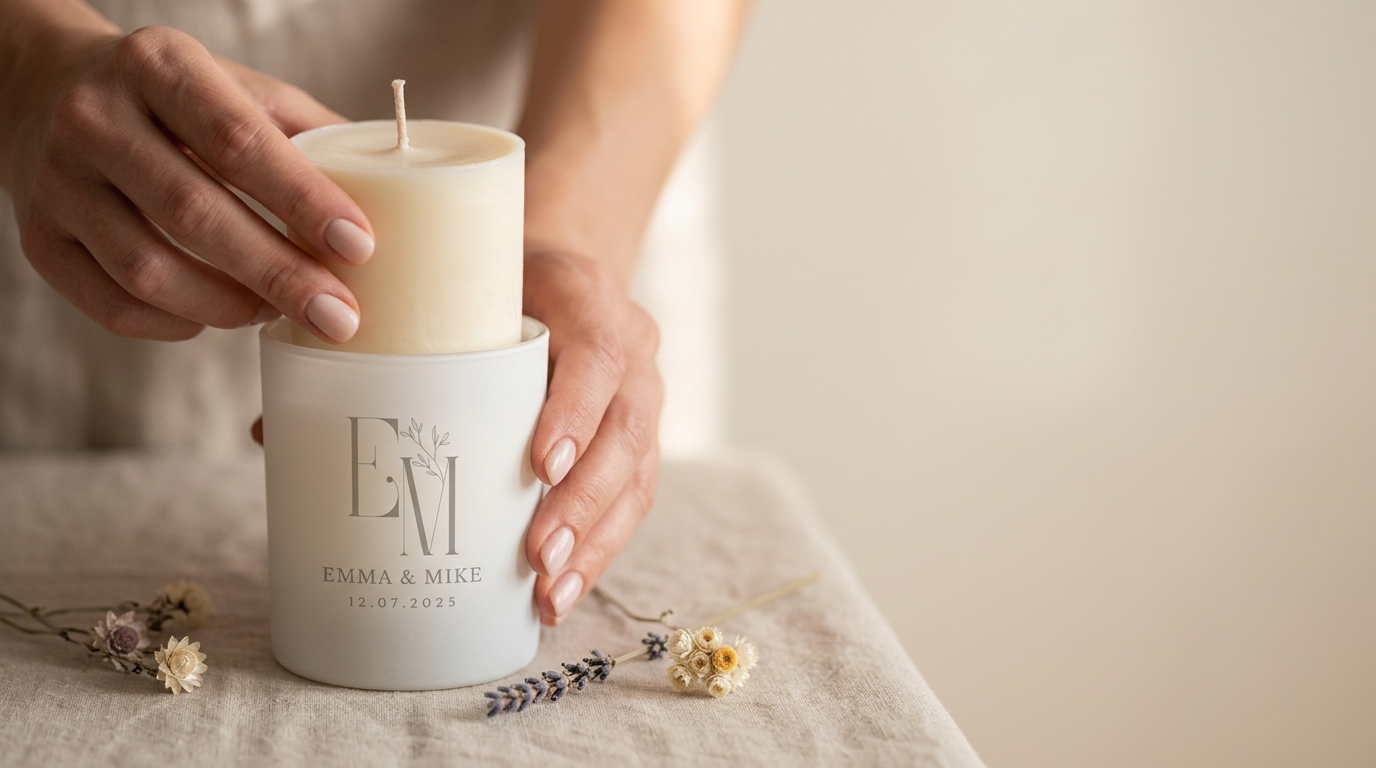 A person's hands holding a cream-colored pillar candle over a white ceramic holder with custom monogram printing that reads 'Emma & Mike' and 'EST. 2025'.
