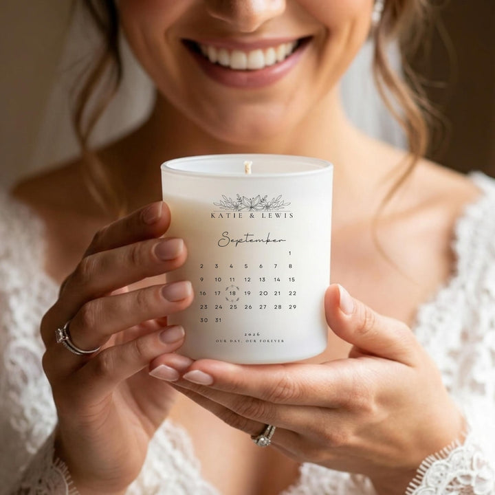 Wedding calendar candle with personalised date and names