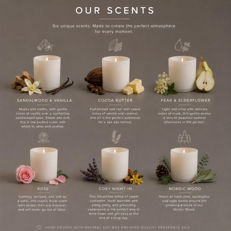 Scent range - Sandalwood & Vanilla, Cocoa Butter, Pear & Elderflower, Rose, Cosy Night In, Nordic Wood