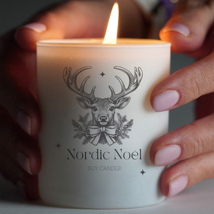Christmas Deer engraved candle in white matte jar