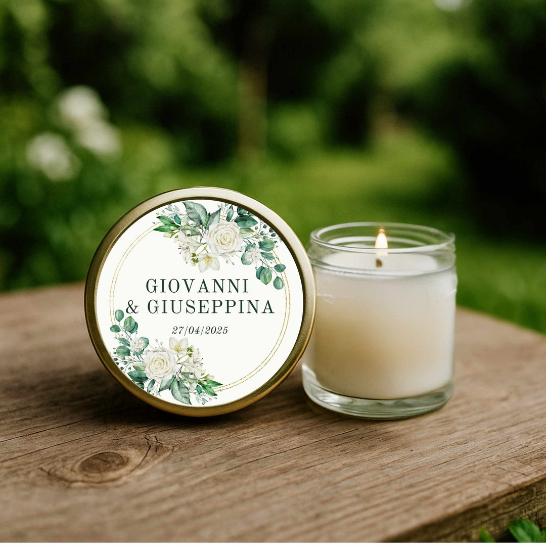 Golden Botanical Ring personalised wedding favour candle with white roses and gold circle – 40ml soy with custom lid label by KIKO Art