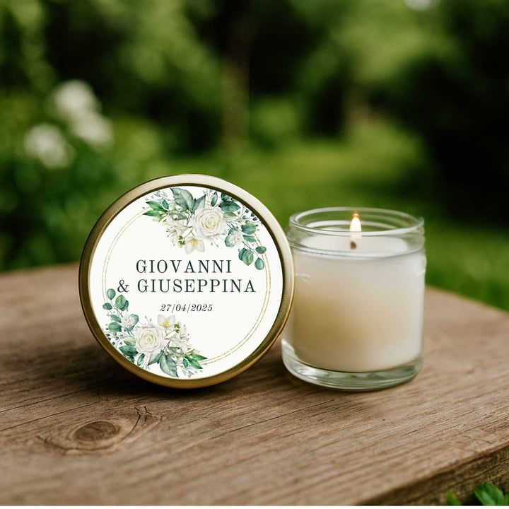 Golden Botanical Ring personalised wedding favour candle with white roses and gold circle – 40ml soy with custom lid label by KIKO Art