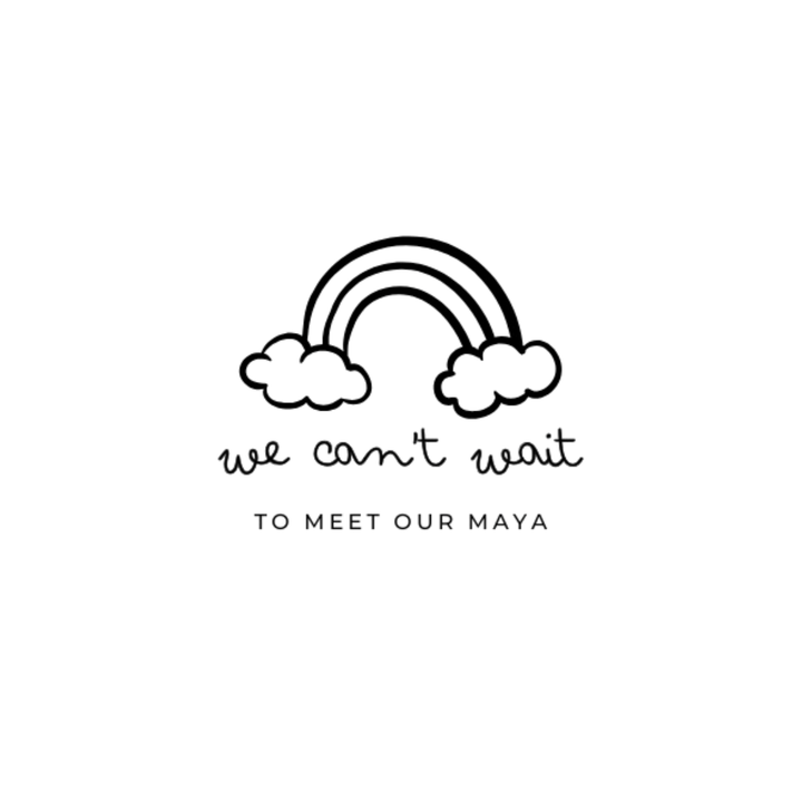 Black and white illustration of a rainbow with clouds and text on a white background