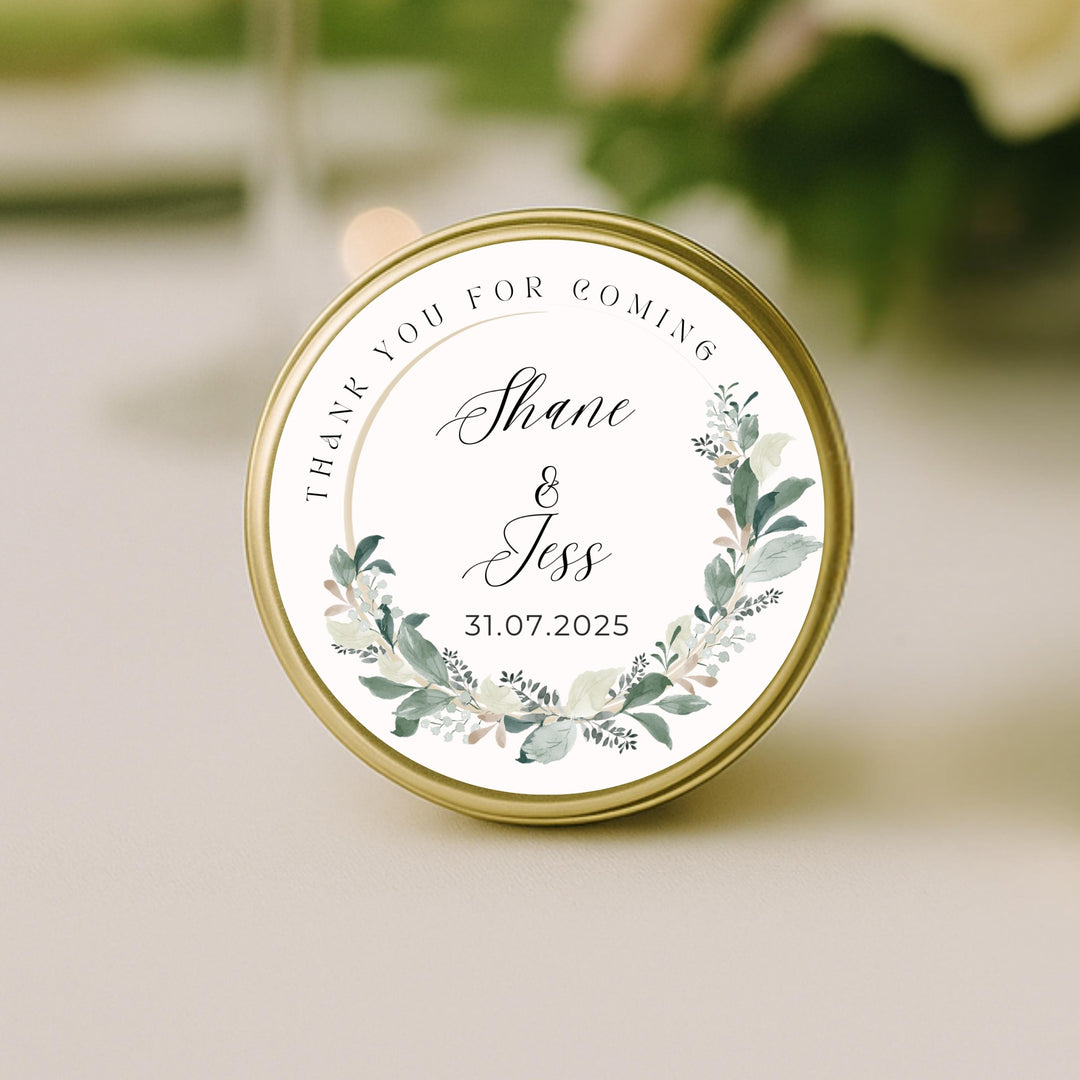 Gold lid wedding candle botanical label