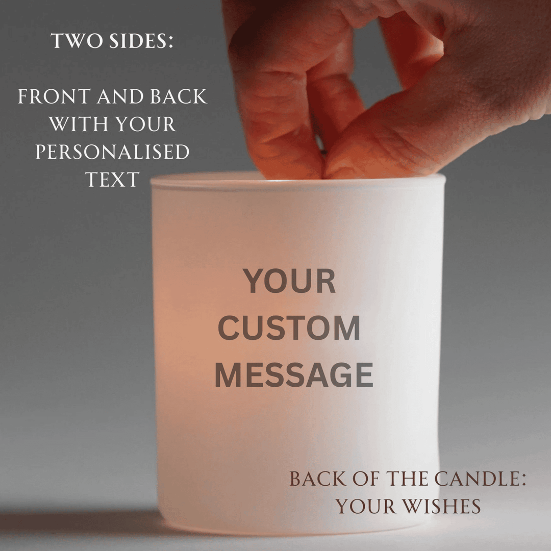 Candle with text 'Your Custom Message' and 'Back of the Candle: Your Wishes' on a gray background.