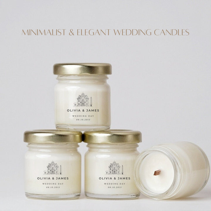 Personalised Wedding Candle Favours – 40ml Mini Soy Candles with Clear Label Church Design