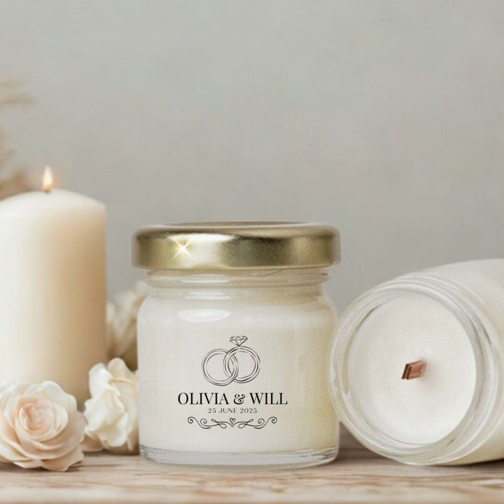 Personalised Wedding Candle Favours – 40ml Mini Soy Candles with Clear Label Ring Design