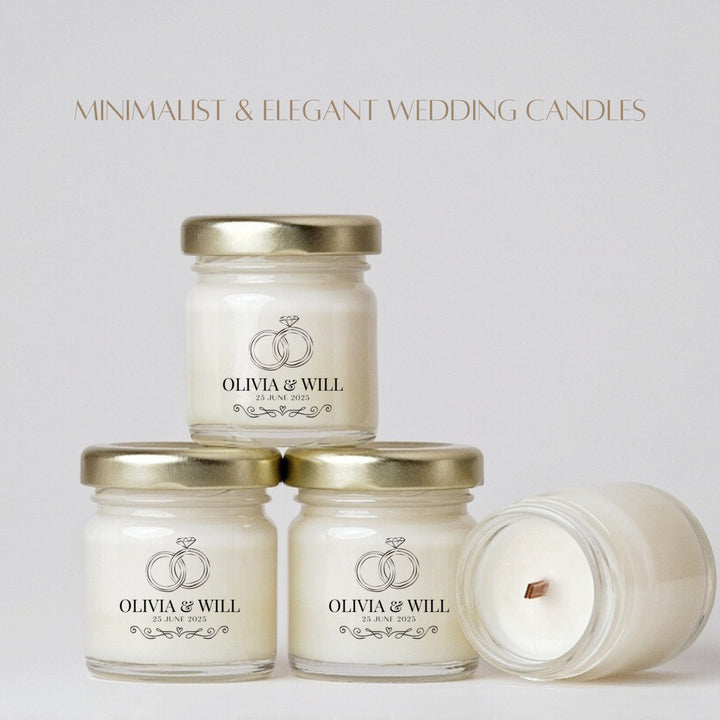 Personalised Wedding Candle Favours – 40ml Mini Soy Candles with Clear Label Ring Design