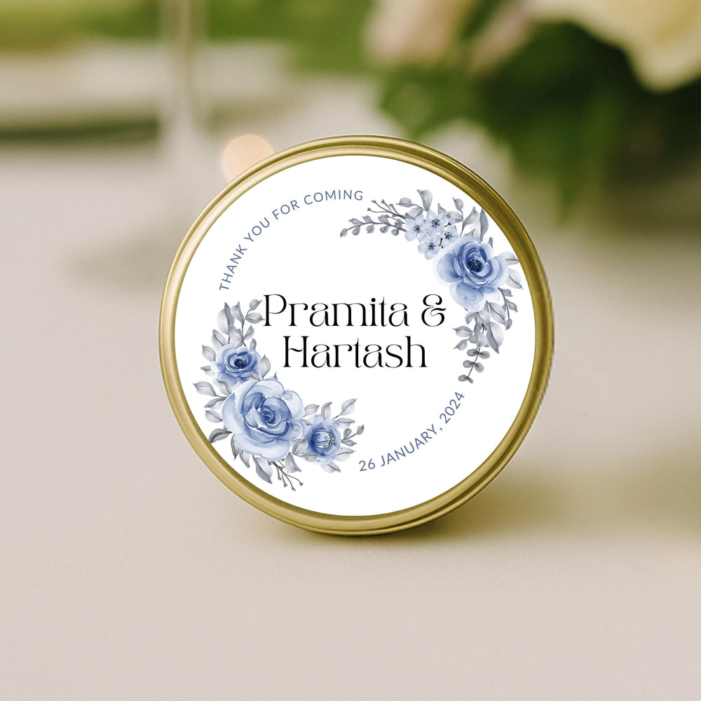 Close up Blue Bloom Circle personalised wedding favour candle